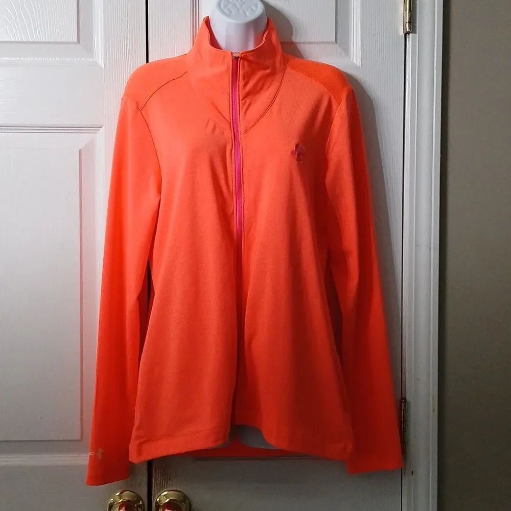 Under Armour neon orange zipper front loose lightweight jacket Sz L EUC